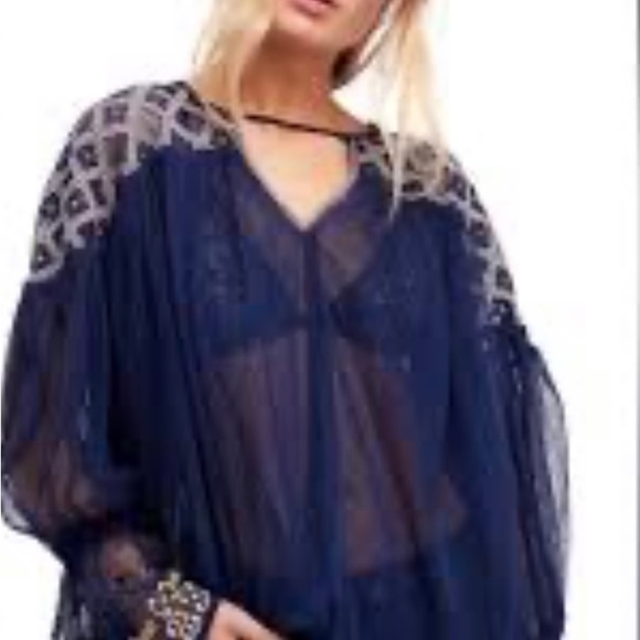 Free People Sheer Top Navy Blue - Picture 2 of 8